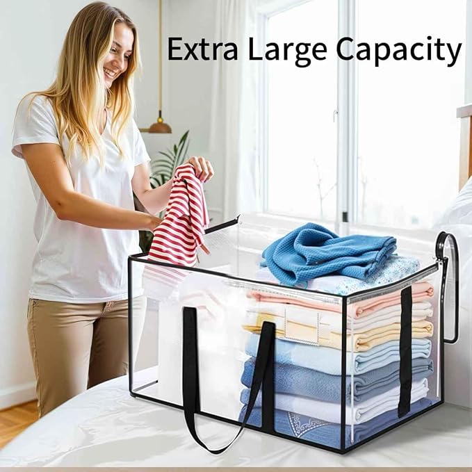16 Pack-Extra Large Heavy Duty Moving Bags - Waterproof Storage Totes with Handles & Zippers, Foldable for College Dorm, Storage (Clear)