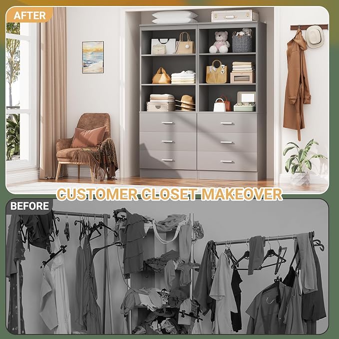 Aheaplus 47.2" Closet Drawers System, 3.94FT Wood Closet Organizer System with 3 Drawers, Modular Small Walk-in Closets Storage Unit, Set of 2, Grey (47.2" L x 13.8" W x 71" H)
