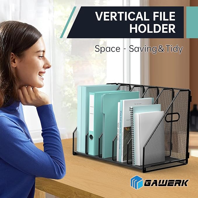 Gawerk 5 Section File Sorter Folder Holder Desk Organizer Office Rack | Desktop File Magazine Folder Holder 5 Compartments, Desk Organizer Vertical Magazine Folder Organize with Side Handles