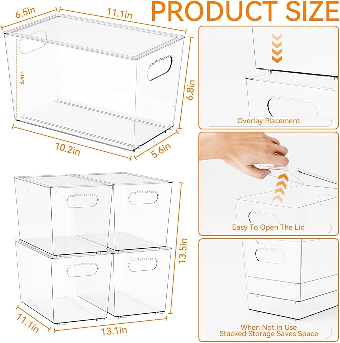 4 Pack Large Stackable Clear Storage Bins with Lids,BPA FREE Pantry Organizers and Storage with Handle,Plastic Containers Organization and Storage for Kitchen,Refrigerator,Closet Organization