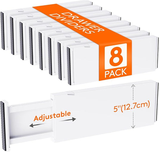 Lifewit 8 Pack 5" High Drawer Dividers 34-56cm/13.5-22" Adjustable Drawer Organizer for Clothes/Utensils, Expandable Drawer Separator in Dresser/Kitchen/Bedroom/Office Organization & Storage White