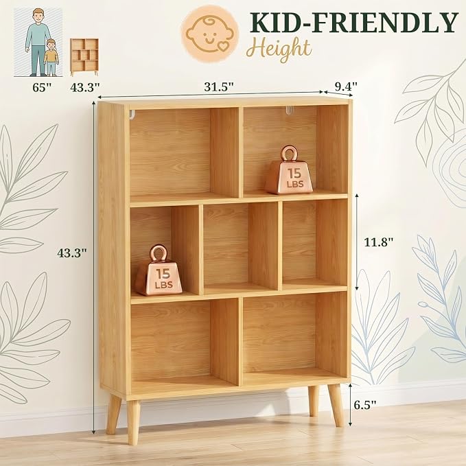 7 Cube Storage Organizer Shelf，Open Cube Bookshelf with Legs | 3 Tier, Mid-Century, Heavy Duty, Modern Bookcase, Display Shelf, Living Room, Bedroom, Office, Deep Natural