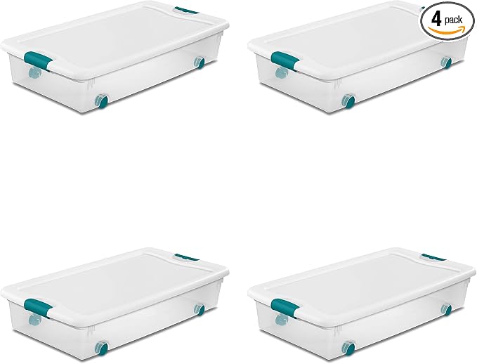 Sterilite 4-Pack 56 Quart Wheeled Latching Box, Underbed Clear Plastic Storage Organizer - Under Bed Rolling Container Bin with Lid and Wheels for Home or Dorm Bedrooms and Closets