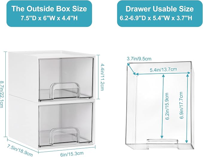 Vtopmart 4Pack Small Stackable Storage Drawers, Bathroom Makeup Organizer,Plastic Storage Bins for Vanity, Undersink, Kitchen Cabinets, Pantry, Home Organization(White)