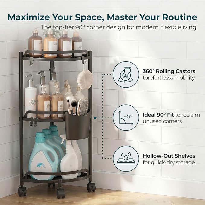ZVZM Corner Shower Caddy Standing, 3 Tier Bathroom Shower Shelves Organizer Storage with Toothbrush Holder and 4 Hooks, Large Capacity Corner Shelf for Bathroom, Kitchen