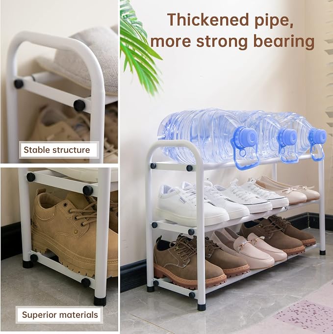 Gonfoam Expandable 3-Tier Shoe Rack for Closet and Entryway, White | Tool-Free Assembly, Metal Material, Adjustable Shoe Organizer, Sturdy, Small Space Solution, Dorms, Garages, Apartments.
