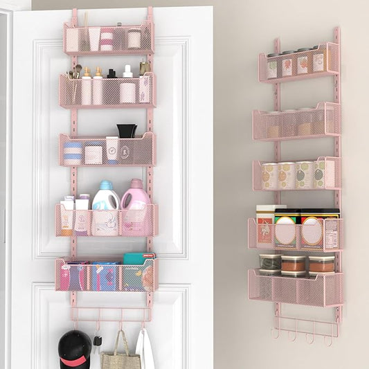 VyGrow Over The Door Organizer, Metal Door Organizer Hanging with 5 Adjustable Baskets and Coat Hook, Behind The Door Storage for Bedroom Closet Bathroom Pantry Cabinet Kitchen, Pink