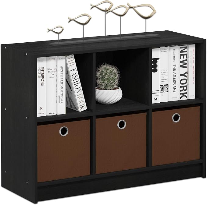 Furinno BASIC Book Shelf, 6-Cube Bookshelf with Open Shelf, 3 x 2 Bookcase with Storage Bins, Closed Back, Horizontal, 11.9 x 31.6 x 23.6, for Living Room, Bedroom, Home Office, Americano