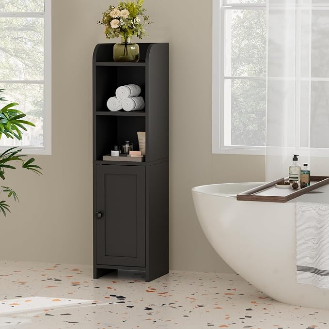 Homhedy Small Bathroom Storage Cabinet, Narrow Toilet Paper Cabinet | Corner Floor Cabinet with Door and Shelves, Slim Bathroom Cabinet for Small Spaces, 7.9" D x 7.1" W x 31" H, Black