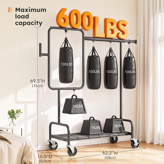 SOLEDI Heavy Duty Partitioned Clothes Rack, 600 LBS Load Metal Garment Rack with Shelves & Lockable Wheels, Rolling Hanging Rack for Bedroom, Laundry Room, Store & Garage (Black)