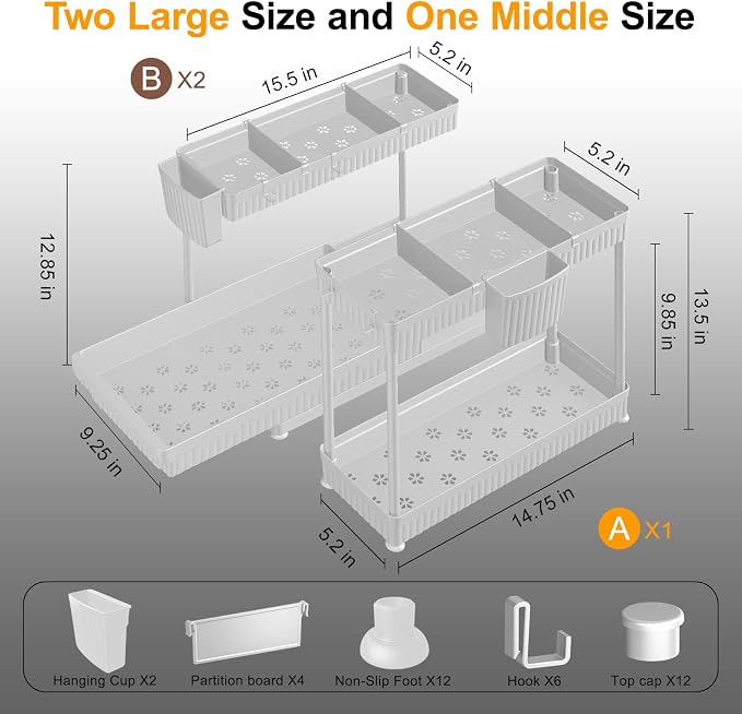 Sevenblue 3-Pack 2-Tier L-Shaped Under Sink Organizers with Sliding Drawers | Multi-use kitchen & bathroom storage, 12.85 inch white cabinet organizer, space-saving sliding drawer design.
