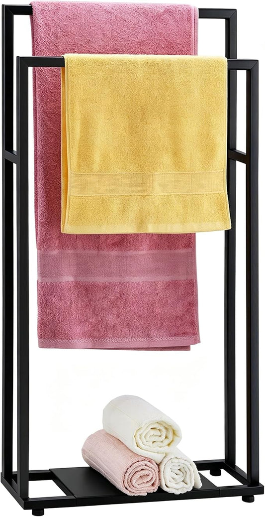 39'' Tall Towel Racks for Bathroom, 2 Tier Towel Rack Stand with Storage Shelves, Free Standing Drying Rack for Outdoor, Black, ALHAKIN