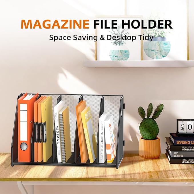 SUPEASY Binder Organizer, Magazine File Holder with 5 Vertical Rack, Black | Metal Desk File Organizer & Binder Holders, Magazine Organizers for Office Desktop, Home, School, Classroom