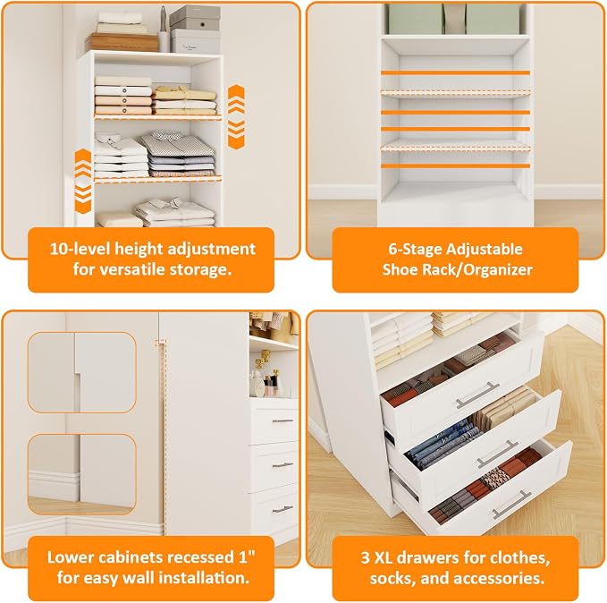 Closet System with 3 Drawers, 8FT Closet Organizer System with Adjustable Shelves & Expandable Hanging Rods, Corner Closet Storage Organizer, Modular Closet System for Walk-in Closet with 4 Sets,White
