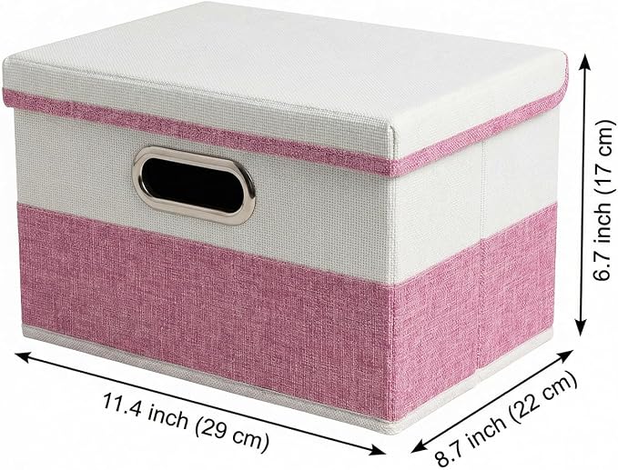 PRANDOM Storage Bins with Lids [3-Pack] Linen Fabric Foldable Storage Boxes Organizer Containers Baskets Cube with Cover for Bedroom Closet Office Pink&White（11.4X8.6X6.7
