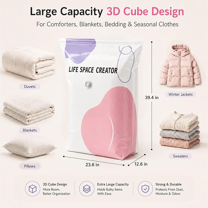 3 Pack No Pump Vacuum Storage Bags, 23.6 x 12.6 x 39.4 in | Large capacity space saver compression bags for comforters blankets bedding seasonal clothes closet organization and moving