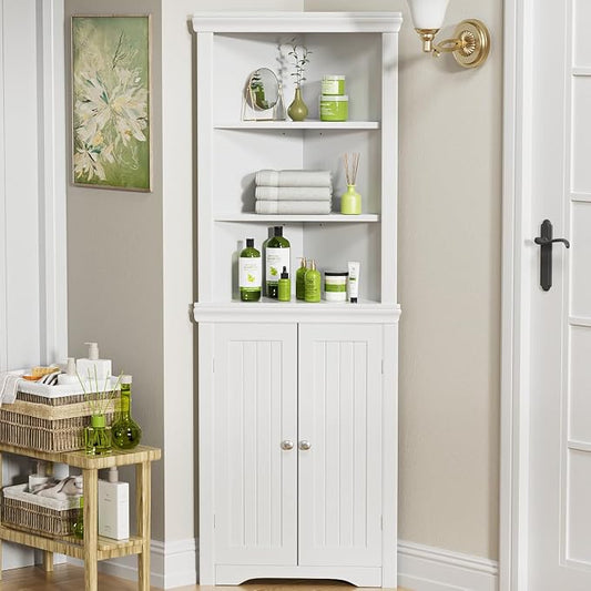 YESHOMY Corner Cabinet, Storage Cupboard with Doors, White | Tall Storage Cabinet with Adjustable Shelves, for Living Room, Bathroom, Kitchen