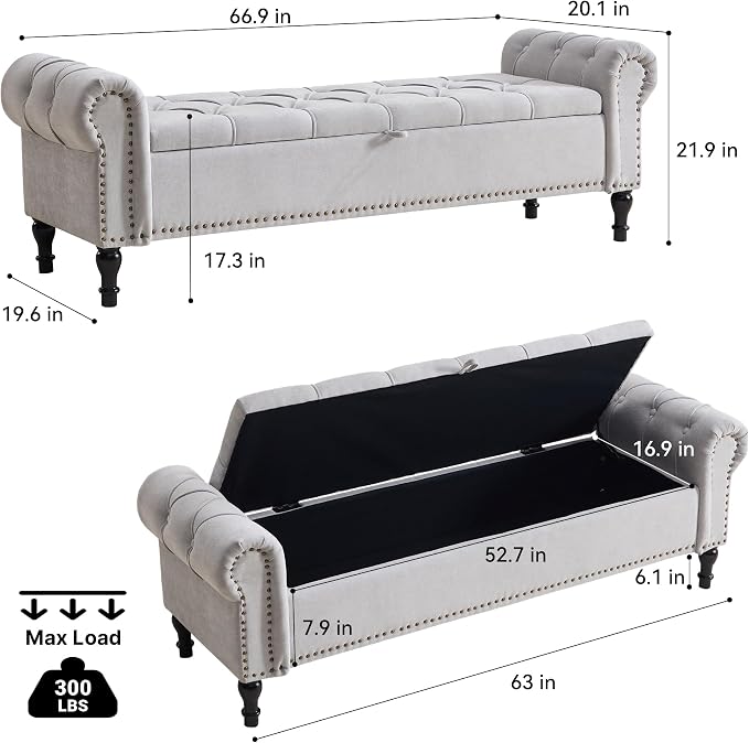 Storage Bed Bench for Bedroom, Chenille 67" End of Bed King Size Benches with Armrest, Tufted Button Upholstered Ottoman Bench for Living Room, Entryway, Silver Grey