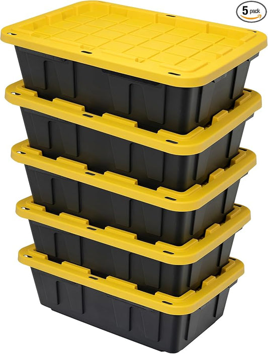 CX Heavy Duty 15-Gallon Stackable Plastic Storage Bins with Lids, 5 Pack | Storage totes for garage organization, Stackable containers, weather-resistant, snap lid, 9.5H x 20.6W x 30.6D, Black/Yellow