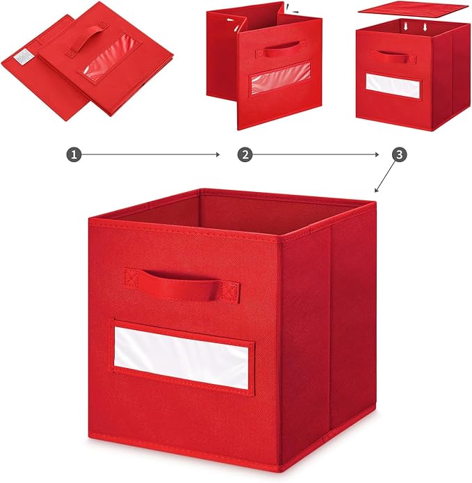 Fabric storage cubes (Set of 8) 11 Inch Cube Storage Bin, Cube storage with 8 Labels Window Cards & a Pen, Foldable cube organizer bins,11x11 Storage bin, Cubby Organizer Boxes, Red