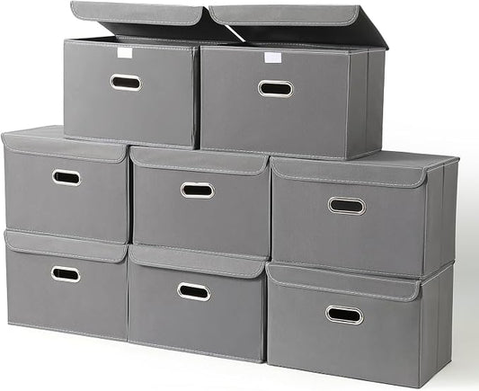 STOREONE Fabric Storage Cube Bins Foldable Organizer Container Collapsible Basket with Lids and Metal Handles, for Home, Bedroom, Closet 8 Pcs (Grey)