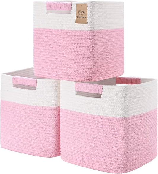 11 Inch Storage Cubes, 3 Pack Cube Storage Bins for Organizing, Cotton Rope Woven Baskets for Shelves, Bathroom, Kids Room, Closets, Baby Nursery