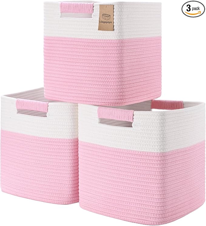 13 Inch Storage Cubes, 3 Pack Cube Storage Bins for Organizing, Cotton Rope Woven Baskets for Shelves, Bathroom, Kids Room, Closets, Baby Nursery