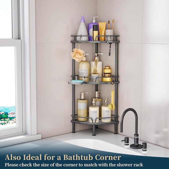 Consumest Corner Shower Caddy Stand - 3 Tier Shower Organizer with Soap Holder, Tall Floor Corner Shelf Standing with Adjustable Feet & 4 Hooks, Storage Rack for Bathroom Grey