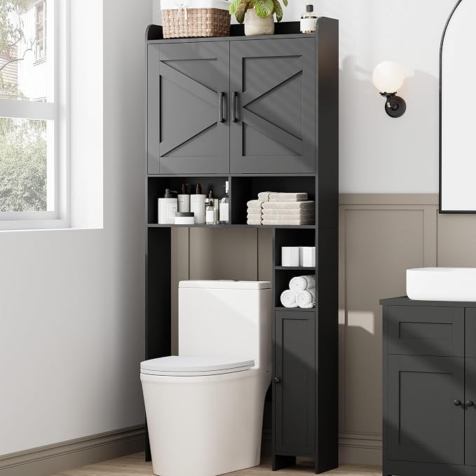 Homhedy Wooden Over The Toilet Storage Cabinet with Barn Door | Freestanding Bathroom Storage, Toilet Paper Holder, Adjustable Shelf,Space-Saving, Farmhouse Style, Black
