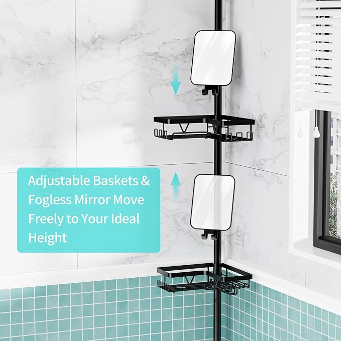 KEGII Shower Caddy Tension Pole, Fogless Mirror Bathroom Organizer, Black | Rustproof Corner Storage with Adjustable 25-114.2 inch Rod, No Drill Design for Shampoo and Shower Essentials