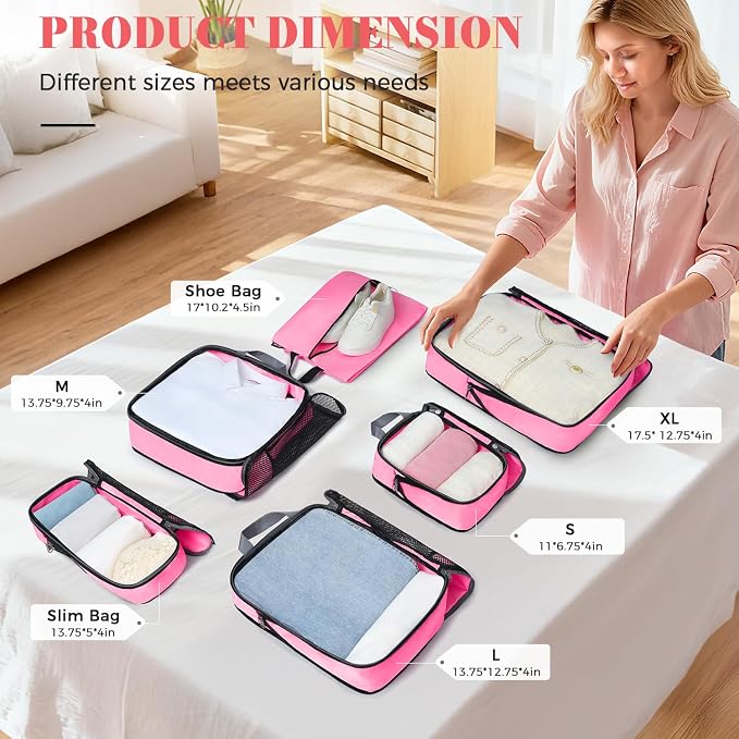 BAGAIL 4 Set/6 Set/8 Set Compression Packing Cubes Travel Accessories Expandable Packing Organizers (Half Mesh, 6-Pink)