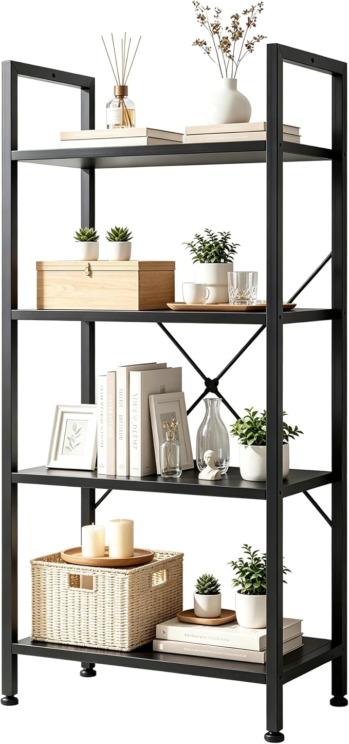 HealSmart 4 Tier Bookshelf, Free Standing Book Shelf Home Office Bookcase Shelf Storage Organizer for Bedroom, Bathroom, Living Room, Office, Balcony, Black