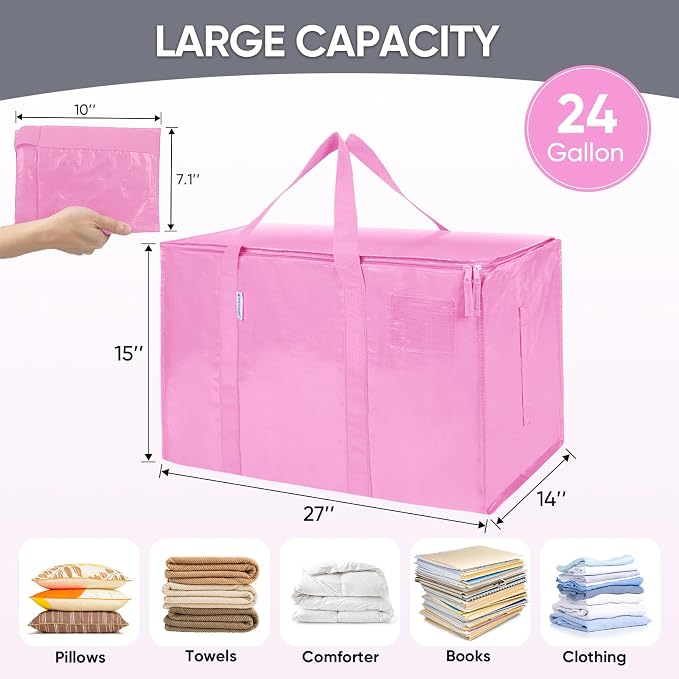 TICONN 2 Pack Extra Large Moving Bags Heavy Duty with Zippers & Carrying Handles, Durable Storage Bags Moving Boxes for Closet Organizers and Storage (2 Pack, Pink)