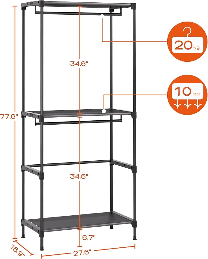 CASAMAYA Clothes Rack, Portable Closet, 27.6 Inch Wardrobe Closet, Clothes Storage Organizer with Shelves and 2 Hanging Rods, Easy to Assembly, Black PCT001B01
