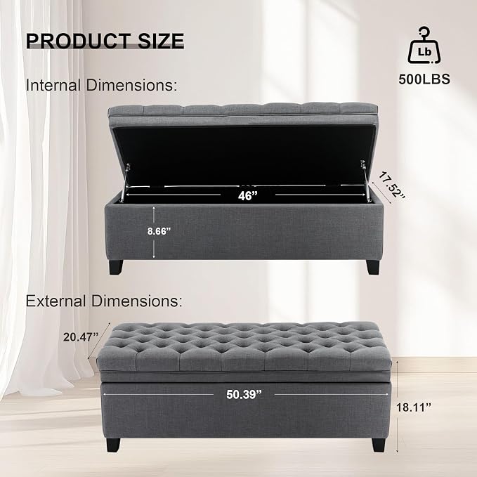 51" Storage Ottoman for Bedroom & Living Room, End of Bed Bench with Black Wooden Legs, Linen Upholstered Tufted Ottoman, Entryway Storage Bench,Dark Grey