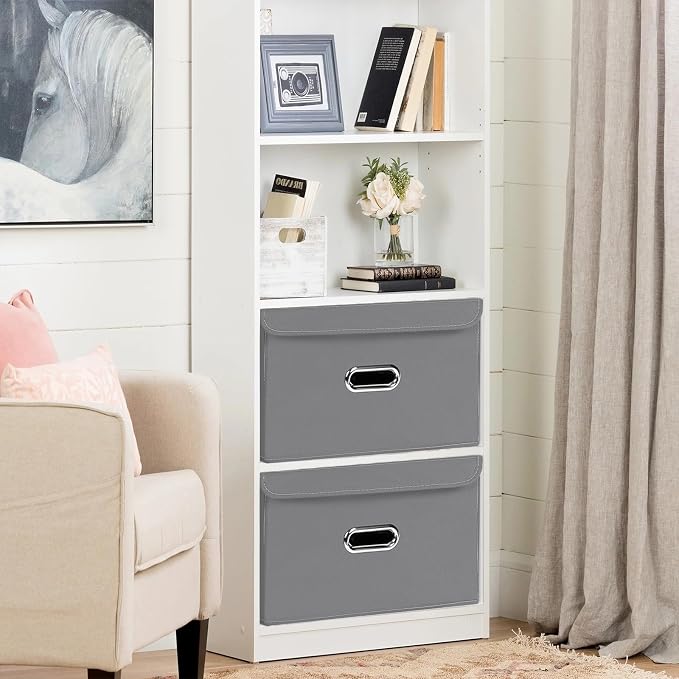 Linen Fabric Foldable Collapsible Storage Cube Bin Organizer Basket with Lid, Leather Handles, Removable Divider for Home, Closet (Grey, 3Pcs)