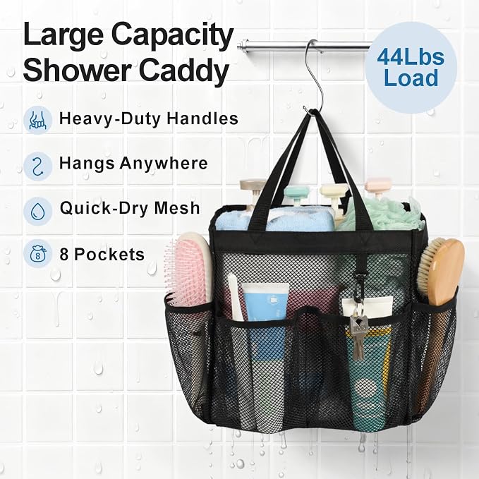 Mesh Shower Caddy Portable - 2 Packs, S-Hook, Shower Bag for Dorm Camping | 8 Pockets, 2-Handle, Quick-Dry, Hanging College Dorm Room Essentials for Girls, Gym, Travel & Bathroom, Black & Leopard