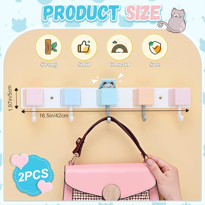 Maitys 2 Pcs Kids Coat Rack Wall Mount Kids Wall Hooks Rainbow Coat Rack Hooks for Boys Girls Toddler Cute Bathroom Decor Colorful Backpack Hanger Supplies for Clothes Hat Towel in Bedroom (Cat)