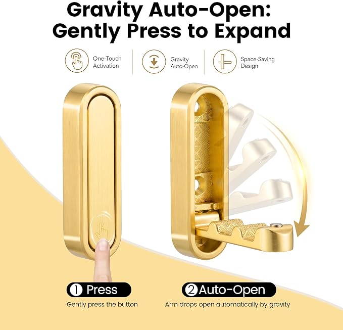 6PCS Foldable Wall Hooks, Zinc Alloy Flip Down Hooks, Retractable Wall Hooks for Bathroom, Entryway, Hanging Coats Hats Bags Keys (Gold)