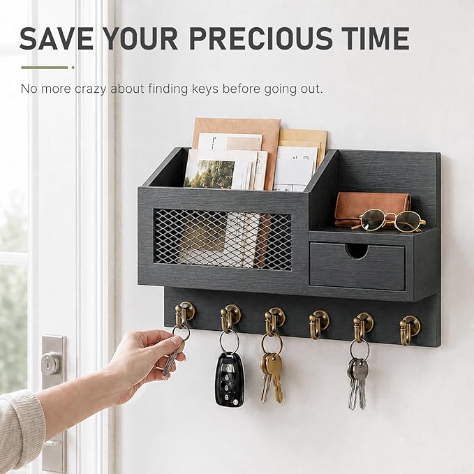 FifthQuarter Key Holder on Wall with Storage Drawer and 6 Sturdy Key Hooks | Wooden Entryway Organizer and Decorative, Easy Installation