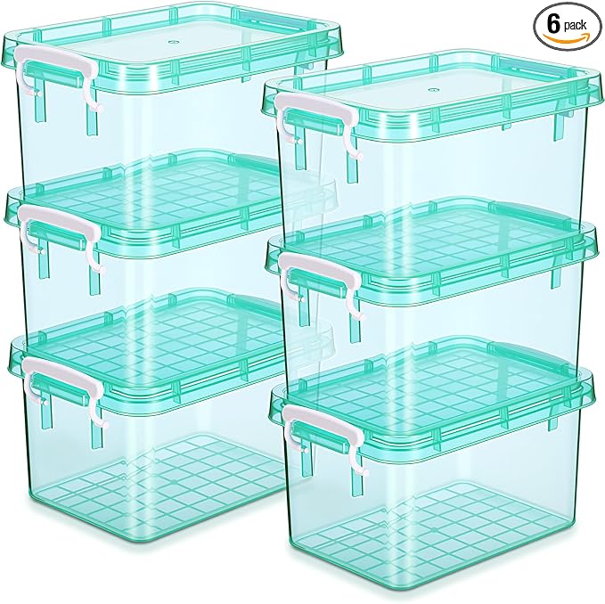 6 Pack Colorful Plastic Storage Bins with Lids 4 Quart Small Storage Latch Box Stackable and Nestable Clear Organizer Bins with Latching Handle and Buckle for Organizing (Teal)