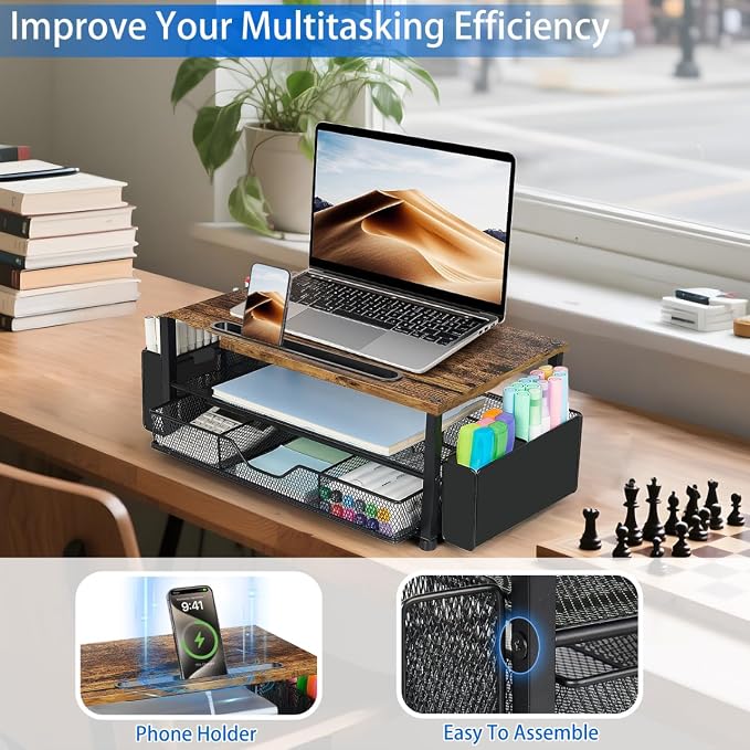 AUPSEN Wood Desk Organizers and Accessories, 2-Tier Computer Monitor Stand Riser with Drawer, Pen Storage & Phone Holder, Office Desk Accessories, Workspace Desktop Organization for Office Supplies（Brown）