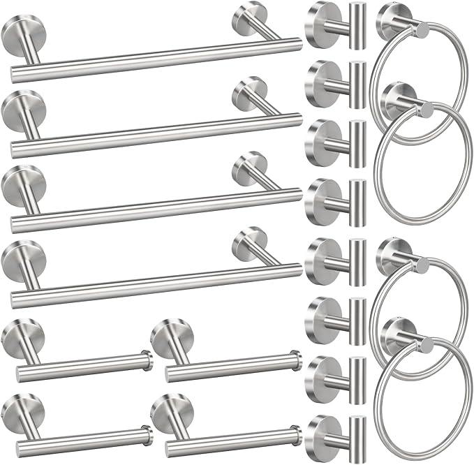 20pcs Brushed Nickel Bathroom Hardware Set | Including 16" Hand Towel Bars, Toilet Paper Holders, Towel Rings, Robe Towel Hooks