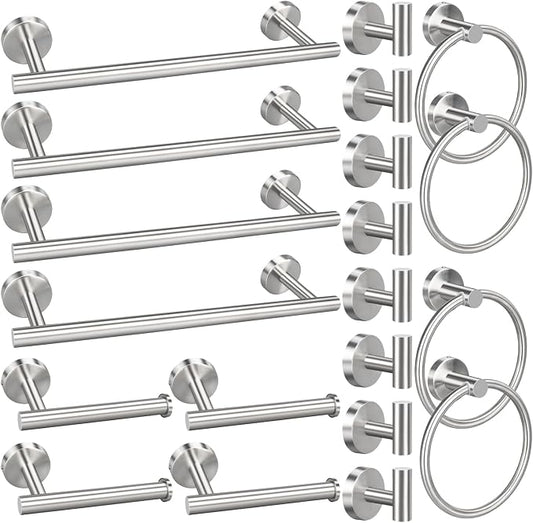 20pcs Brushed Nickel Bathroom Hardware Set | Including 16" Hand Towel Bars, Toilet Paper Holders, Towel Rings, Robe Towel Hooks