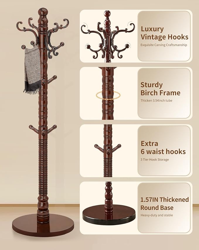 Wooden Coat Rack Stand, Solid Wood Freestanding Coat Rack, Vintage Coat Racks with 14 Hooks & Disc Base, Standing Coat Hanger Jacket Tree Stand for Office, Entryway, Hallway