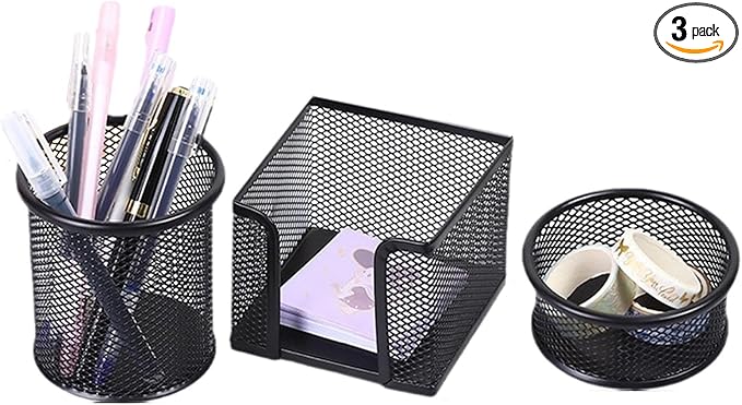 3-Piece Metal Desk Organizers Set, Mesh Pencil Holder with Sticky Note Holder and Paper Clip holder, Stationery Storage for Home, Classroom & Workplace