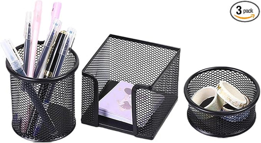 3-Piece Metal Desk Organizers Set, Mesh Pencil Holder with Sticky Note Holder and Paper Clip holder, Stationery Storage for Home, Classroom & Workplace