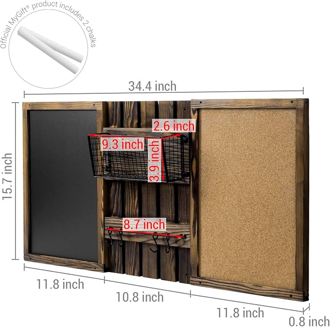 MyGift 3 Panel Wall Mounted Entryway Bulletin Board Combo Set | Rustic Burnt Solid Wood Frame with a Chalkboard, Cork Board, Black Metal Mail Basket, and Hanging Rail Message Display Office
