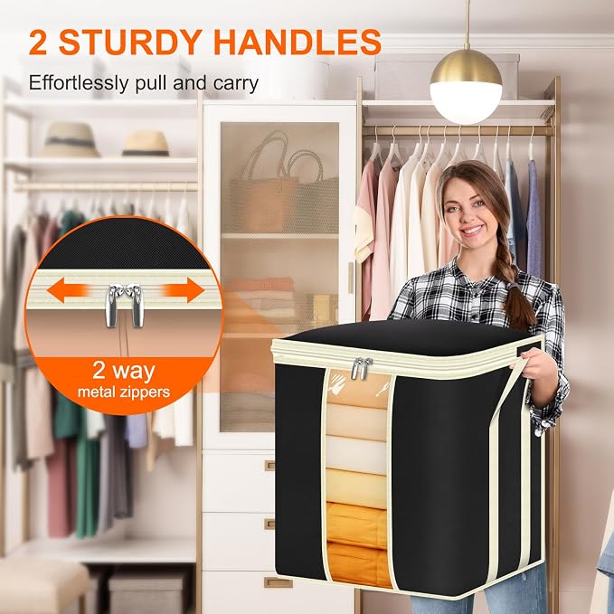 MISSLO King Comforters Storage Bag 120L for Blankets Clothes Sweaters Beddings Organizer with Reinfored Handles Non-Metal Fabric Storage Bin Organizer, Black