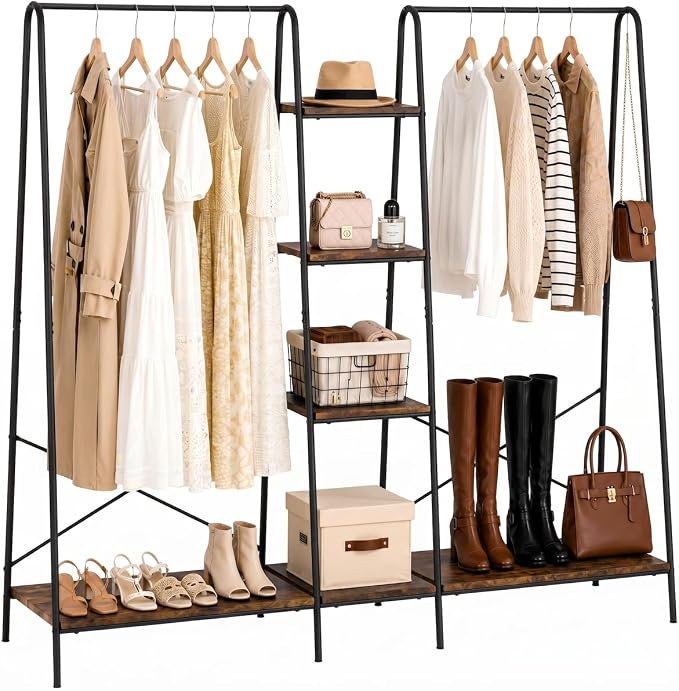 Finnhomy Clothes Rack for Hanging Clothes Freestanding Clothing Rack with 6 Wood Storage Shelves & 2 Rods Heavy Duty Garment Rack Portable Wardrobe Closet Organizer for Bedroom Closet Boutique,Rustic